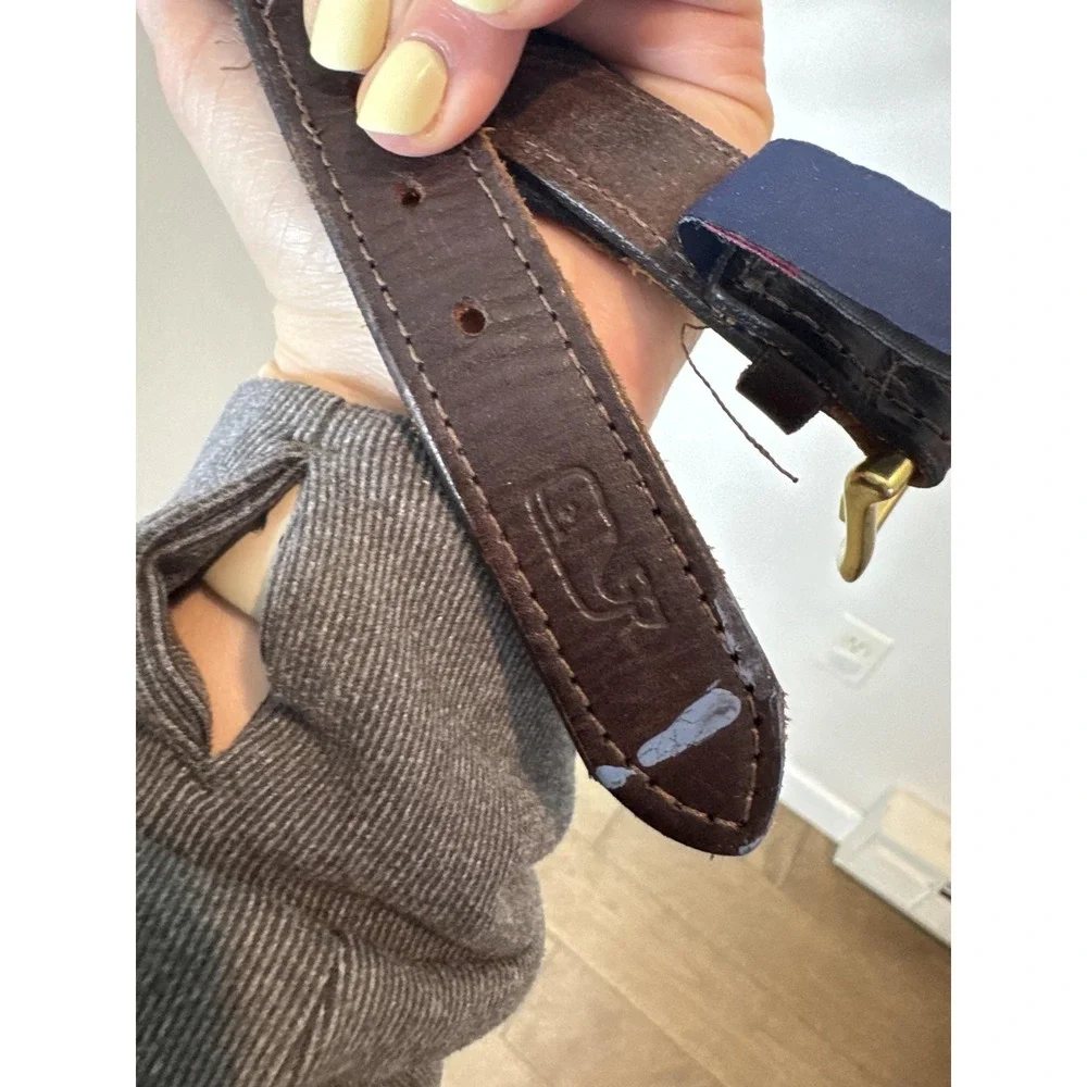 Vineyard Vines‎ Belt Boys Size 26 Blue Stripe Ribbon Leather Brass Buckle